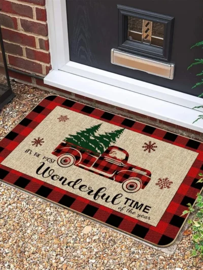 Christmas welcome mat flannel winter truck farmhouse grid outdoor decoration