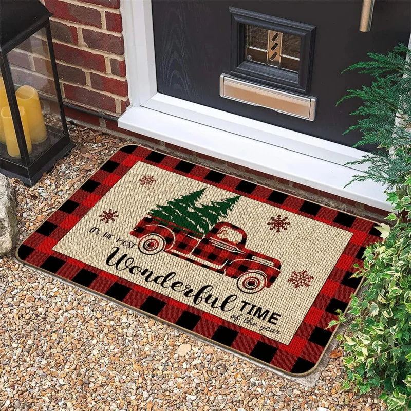 Christmas welcome mat flannel winter truck farmhouse grid outdoor decoration
