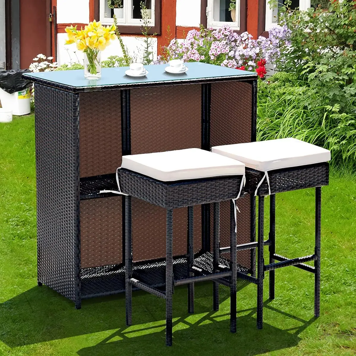 3 Pieces Rattan Patio Bar Table & Stool Set, Patio Furniture Set for Lawn Pool BackyardFront Porch, Dining Set w/Cushion, Beige - Image 4