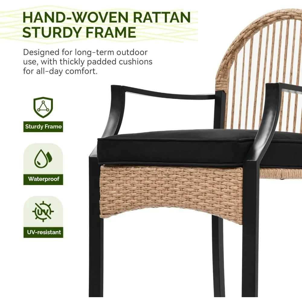 3-Piece Outdoor Wicker Bar Height Set w/Cushioned Barstools, Patio Bistro Furniture for Balcony and Poolside, Black+Light Yellow - Image 5