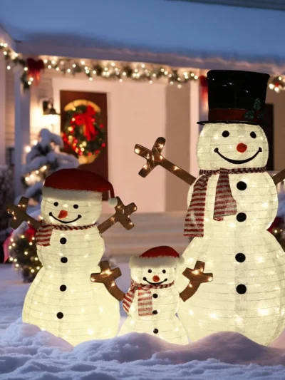Christmas Decorations Outdoor, Pop-Up Set of 3 Snowman Christmas Decorations Outdoor, Snowman Family with 270 LED Lights
