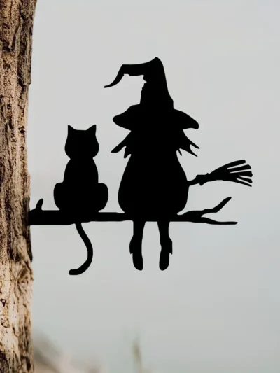 1pc Iron Silhouette Cute Witch And Cat Garden Stake On The Branch Yard Art Decor, Tree Stump Plug-in, For Garden Lawn Courtyard