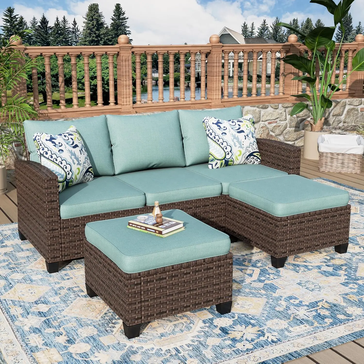 3 Pieces Wicker Patio Furniture Set, Rattan Outdoor Conversation Set with 3-Seater Sofa, 2 Pieces Ottomans, Beige - Image 7