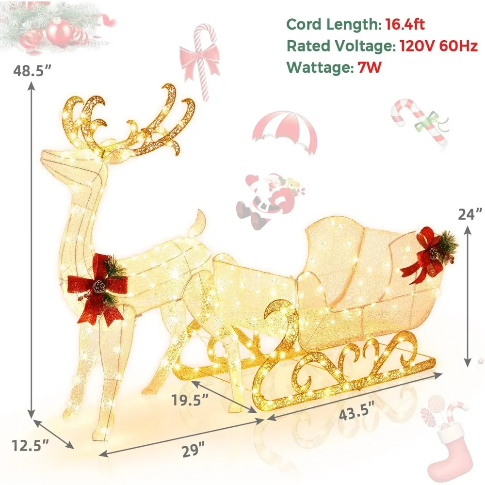 6 FT Christmas Lighted Reindeer & Santa’s Sleigh, Xmas Lighted Outdoor Yard Decoration W/ 215 LED Lights & 4 Ground Stakes - Image 3