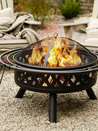 35 Inch Fire Pit, Outdoor Wood Burning Fire Pit Crossweave with Spark , for Backyard Patio Garden Bonfire, Black