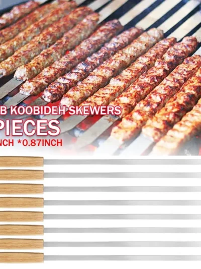 8pcs Kabab Koobideh Skewers 17 Inch Stainless Steel Grilling BBQ Skewer Reusable Barbecue Skewers Flat Stick with Wood Handle