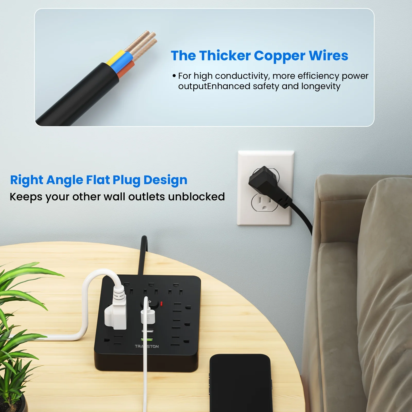 TRANSTON Power Outlet with Surge Protector, 9 power strip 3 USB Ports, 5ft Extension Cord - Image 5