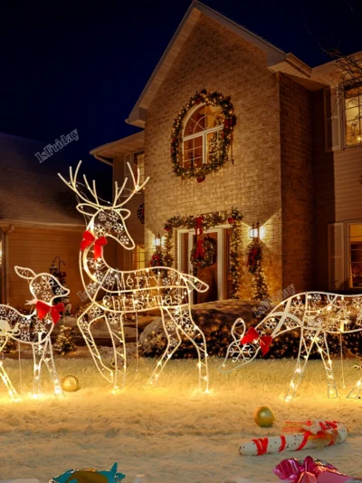 3PCS Handmake Iron Art Elk Deer LED Light Glowing Glitter Outdoor Yard Ornament Decor