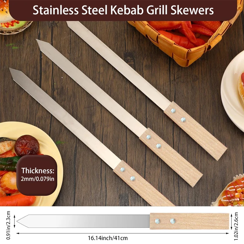 Kabob Skewers 23mm Wide 2mm Thin Kobide Skewers BBQ Skewers Stainless Steel Reusable for Grilling BBQ with Wooden Handles - Image 5