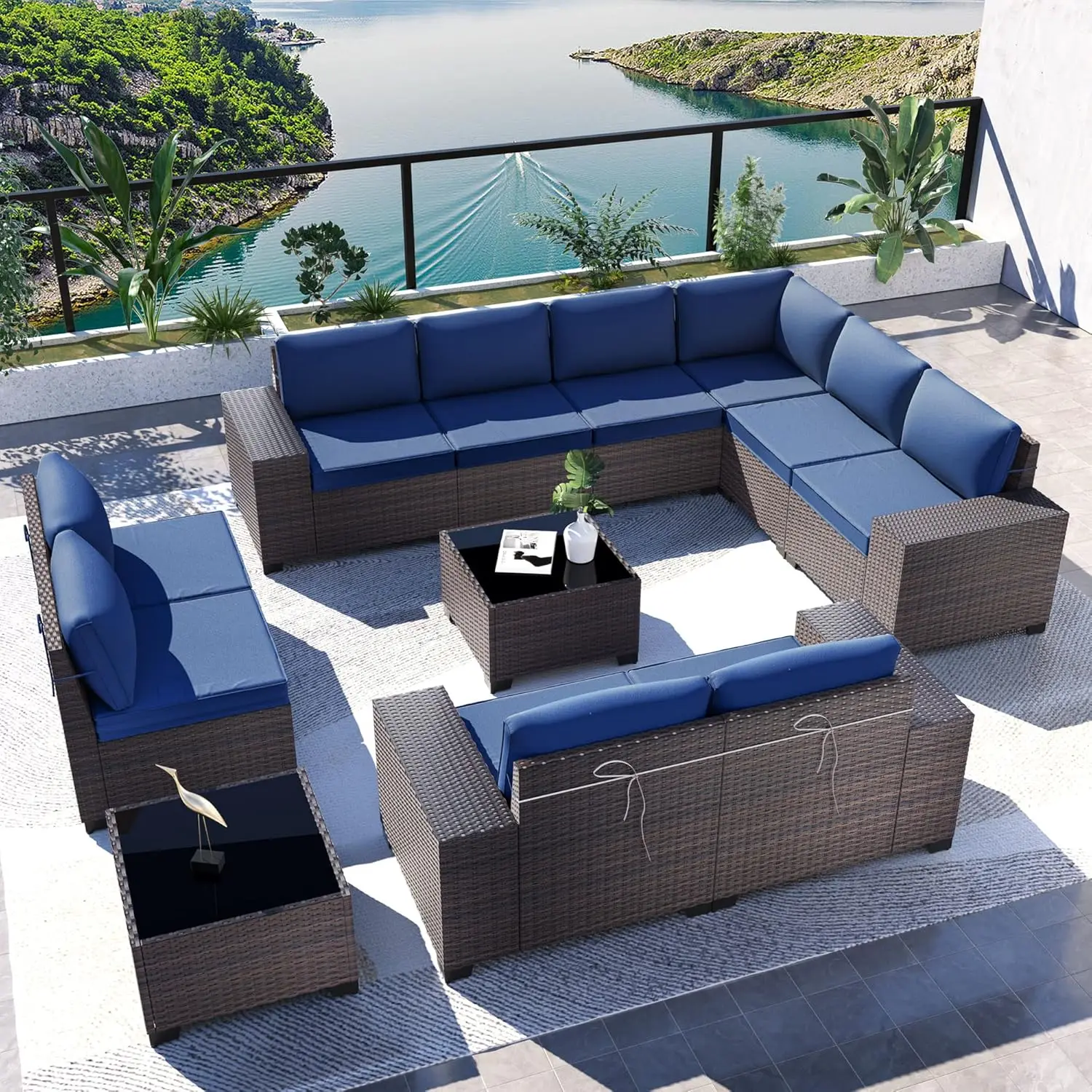 Outdoor Patio Furniture Set 12 Pieces Sectional Rattan Sofa Set Brown Rattan Wicker Patio Conversation Set