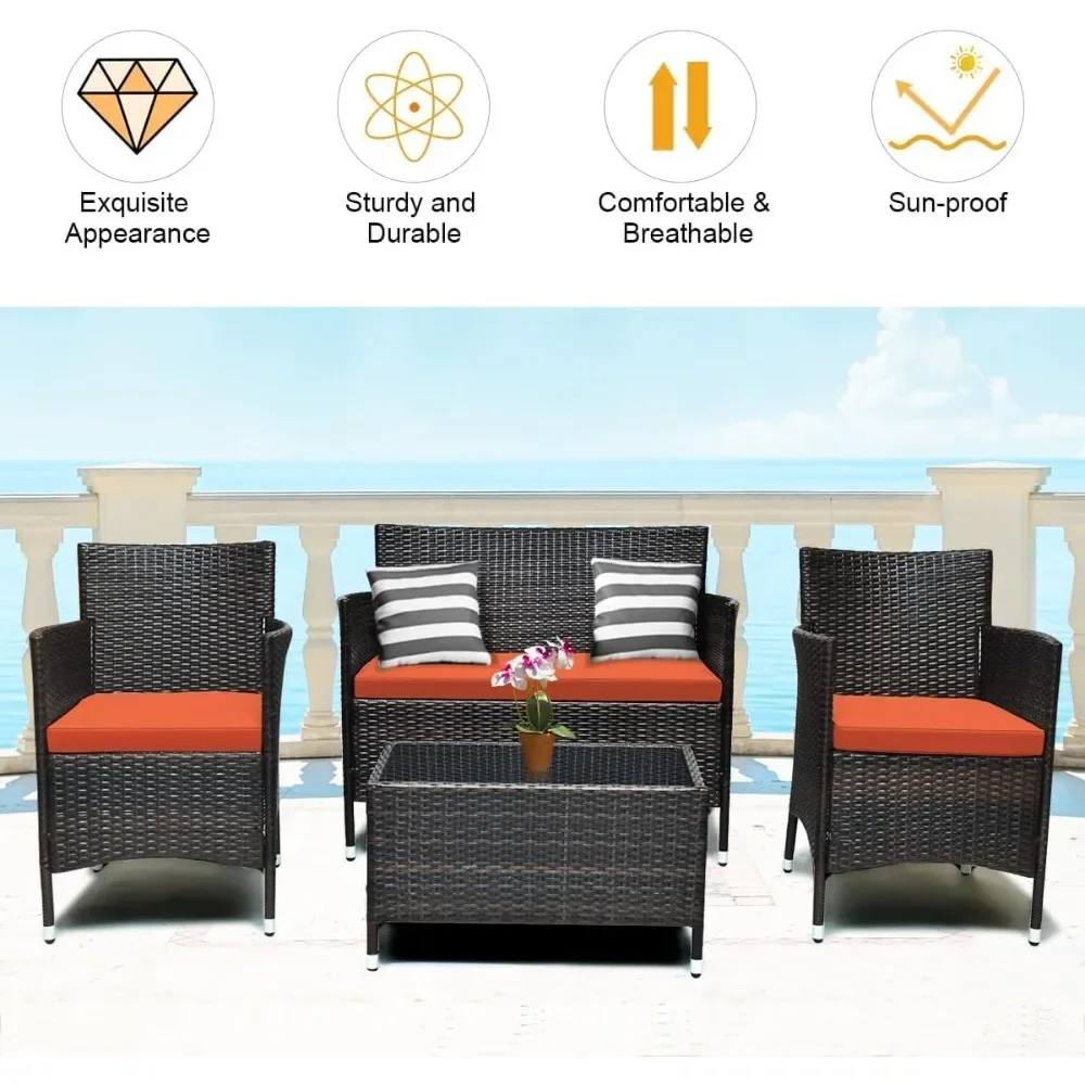 4-Piece Rattan Patio Furniture Set, Outdoor Sofa Table Set with Coffee Table, Thick Cushion, Wicker Conversation Set Orange - Image 2