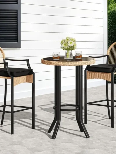 3-Piece Outdoor Wicker Bar Height Set w/Cushioned Barstools, Patio Bistro Furniture for Balcony and Poolside, Black+Light Yellow