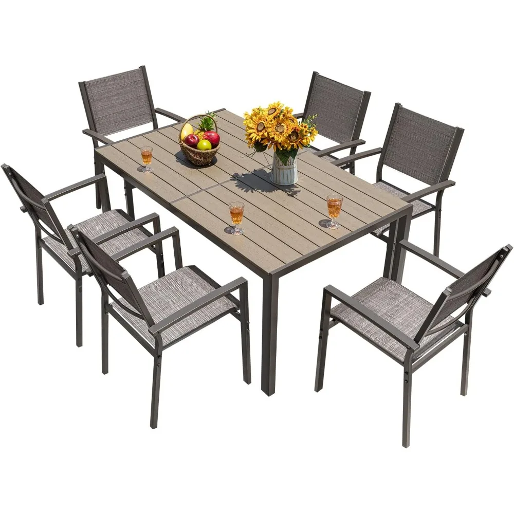7 Pieces Patio Dining Set Outdoor Furniture with 6 Stackable Textilene Chairs and Large Table for Yard, Garden - Image 2