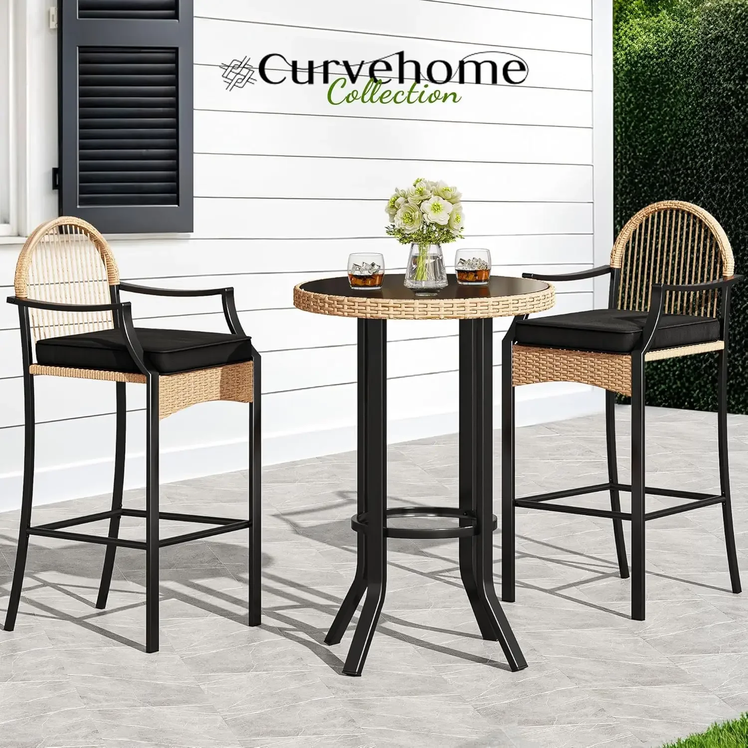 3-Piece Outdoor Wicker Bar Height Set w/Cushioned Barstools, Patio Bistro Furniture for Balcony and Poolside, Black+Light Yellow - Image 9