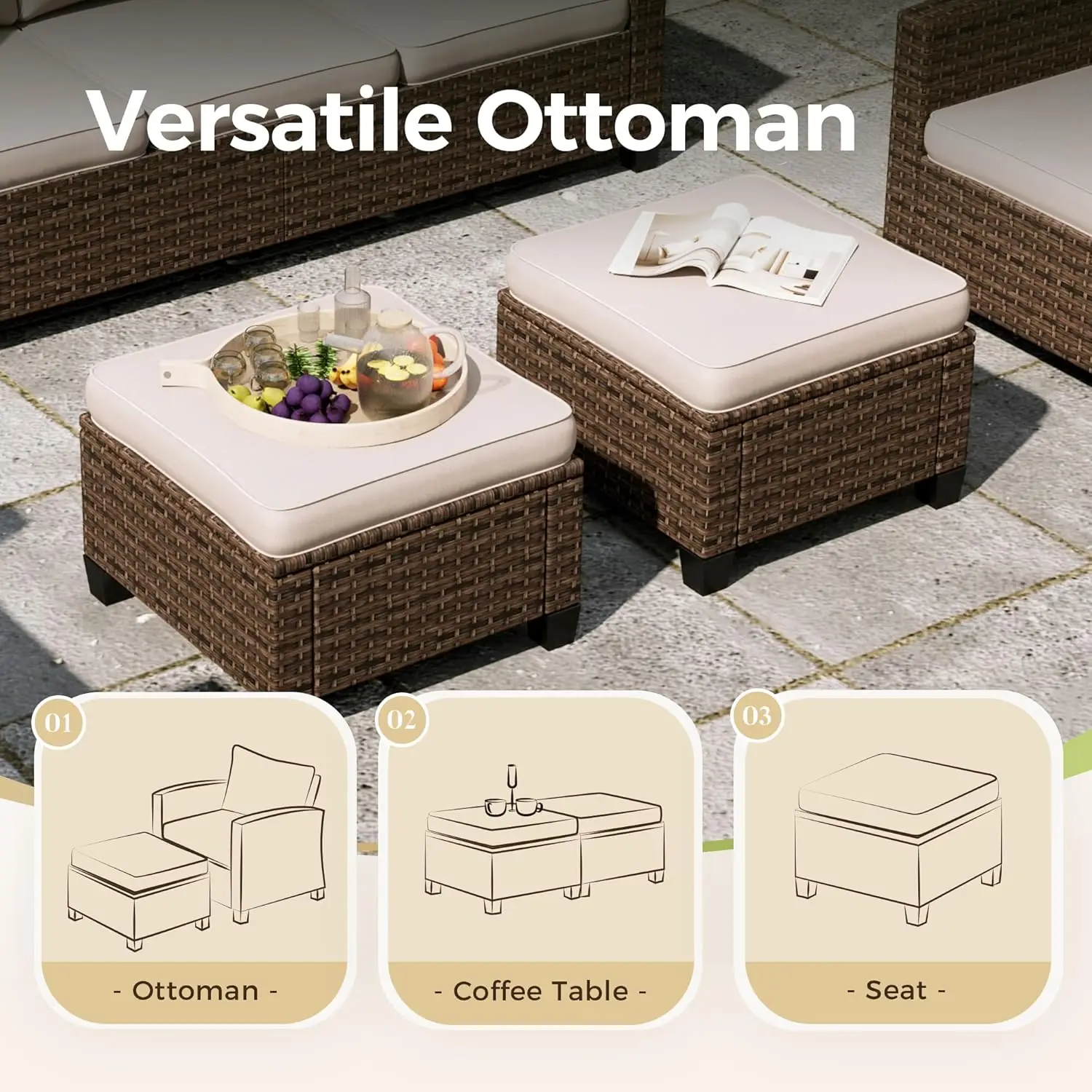 3 Pieces Wicker Patio Furniture Set, Rattan Outdoor Conversation Set with 3-Seater Sofa, 2 Pieces Ottomans, Beige - Image 4