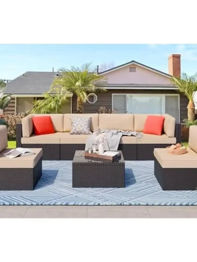 Outdoor Sectional Patio Furniture Set Modern Wicker Sofa Conversation Set with Cushions & Coffee Table Sturdy Steel Frame Ideal