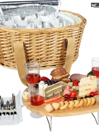Wicker Picnic Basket Set for 4 with Mini Folding Wine Picnic Table & Large Insulated Cooler Bag