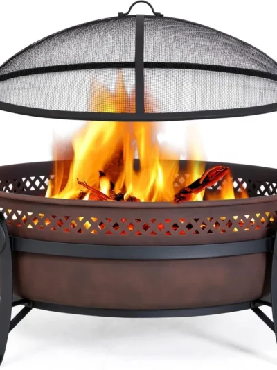 Outdoor Patio Fire Pit with Mesh Spark Screen, 40" Portable Fire Pit for Camping, Bronze