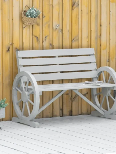 41" Wooden Wagon Wheel Bench, Rustic Outdoor Patio Weather Resistance Furniture, 2-Person Slatted Seat Bench with Backrest