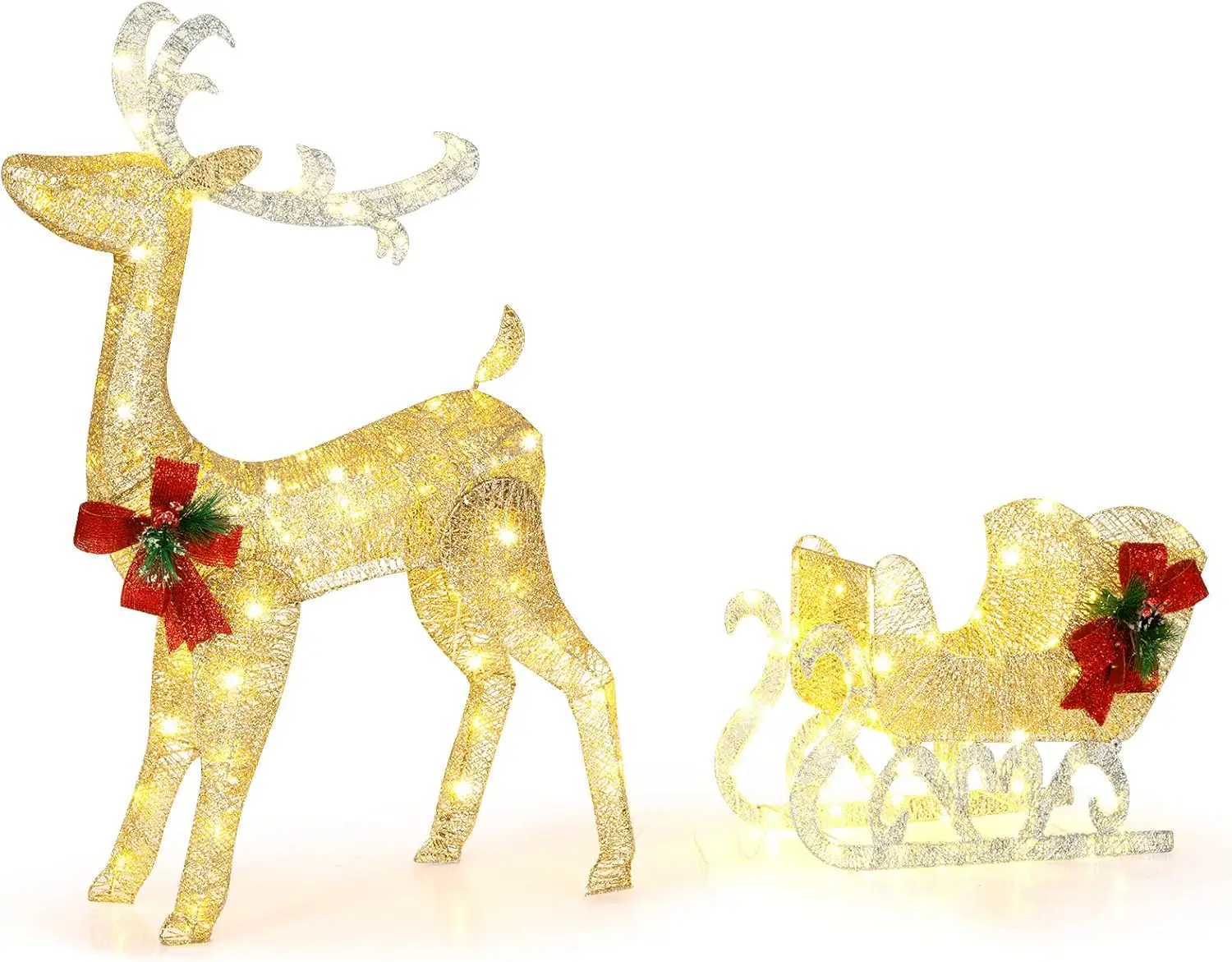 4.7 FT Lighted Christmas Reindeer & Sleigh, Xmas Lighted Outdoor Decoration with 100 Warm Lights, 8 Ground Stakes, 30 Cable Ties - Image 2