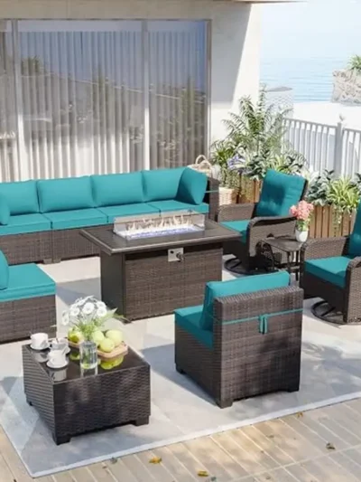 Outdoor Modular Patio Furniture Set with Swivel Chairs & 55000 BTU Fire Pit Comfortable Seating Garden & Porch Gatherings