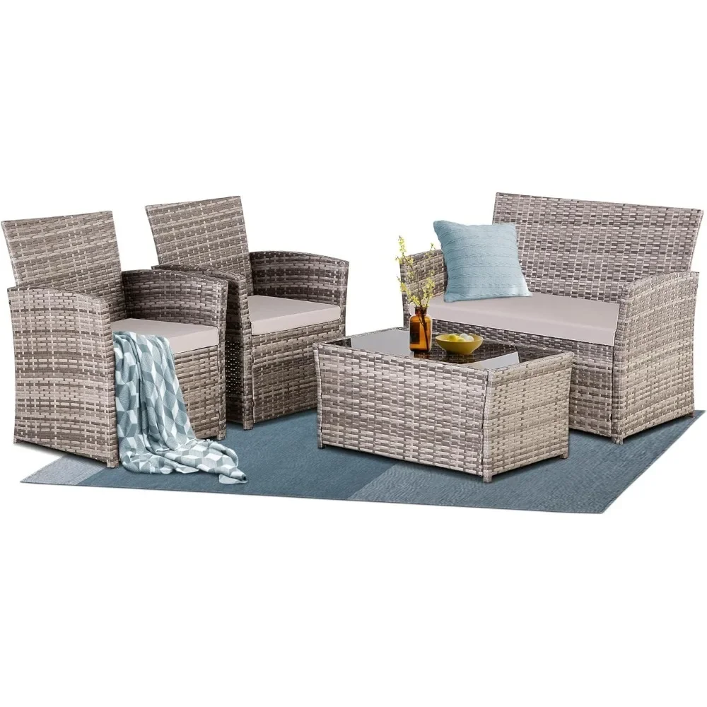 4 Piece Patio Furniture Set, Outdoor Wicker Conversation Sets, Rattan Sectional Sofa w/Coffee Table, Seat Cushions for Backyard - Image 2
