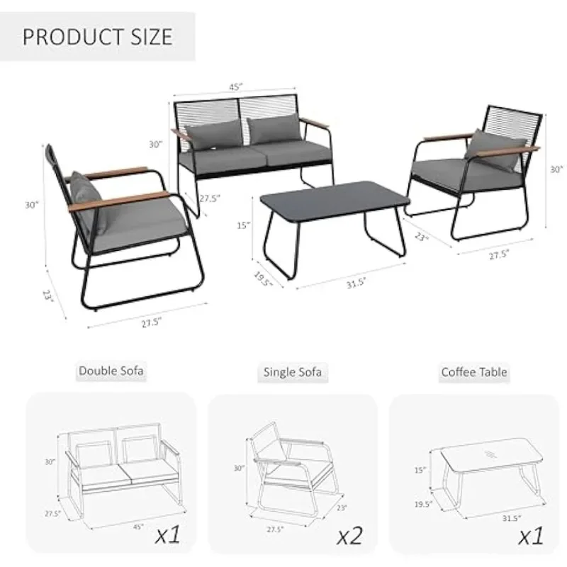 4-Piece Patio Outdoor Furniture Set,Removable&Washable Soft Cushion,Wooden Armrest,GlassTable,for Backyard,Balcony,Deck,Poolside - Image 6