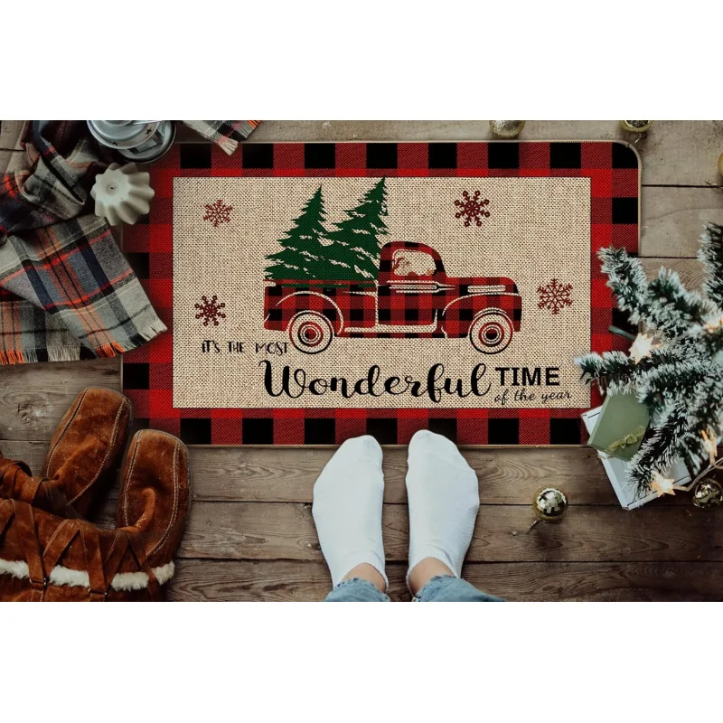 Christmas welcome mat flannel winter truck farmhouse grid outdoor decoration - Image 4