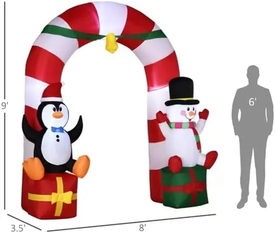 9.8ft Outdoor Decorations Lighted Candy Cane Archway with Penguin Snowman Sit on Gift Box - Image 2