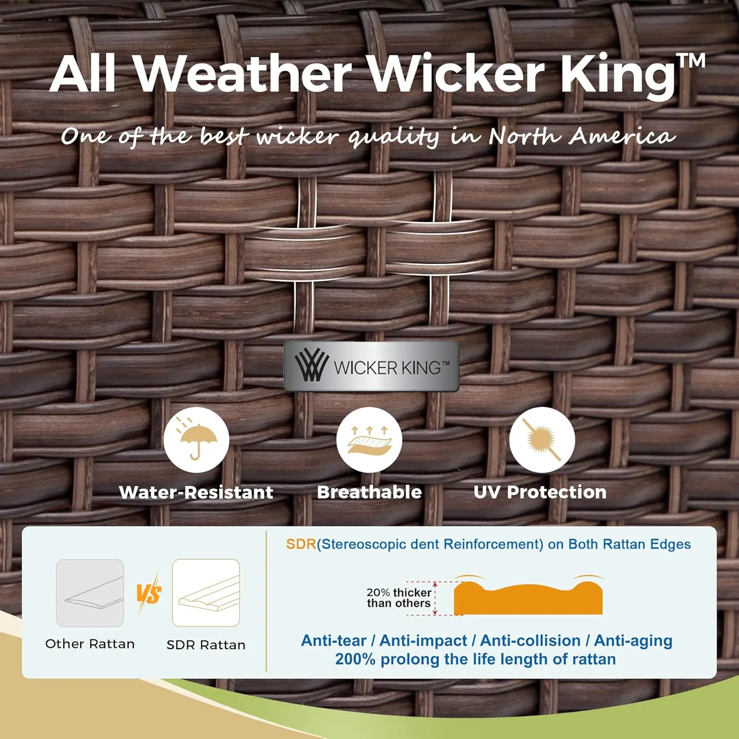 3 Pieces Wicker Patio Furniture Set, Rattan Outdoor Conversation Set with 3-Seater Sofa, 2 Pieces Ottomans, Beige - Image 2