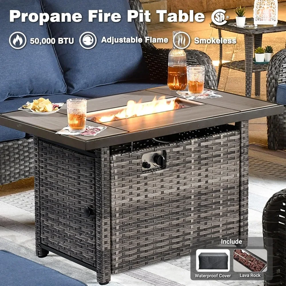 Patio Furniture Set 6 Pieces Outdoor Sofa with Rocking Swivel Chairs Loveseat Rectangular Fire Pit Table Wicker Conversation Set - Image 6