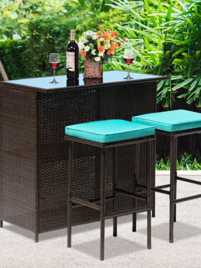 3PCS Patio Bar Set Outdoor Furniture Set Wicker Bistro Set with Two Stools for Patio Backyard Balcony
