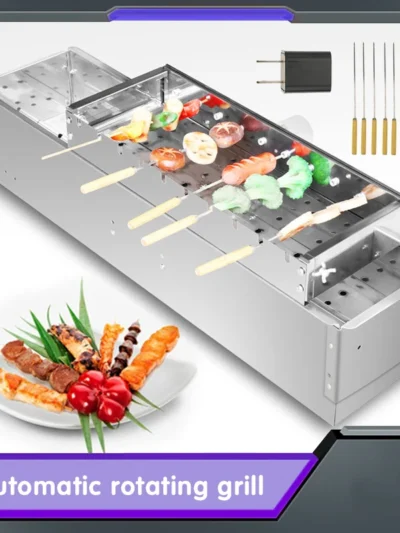Automatic Adjustable Flipping Electric Barbecue Grill with 10 Stickers Stainless Steel BBQ Shelf 10 Holes Skewers Rolling Tools