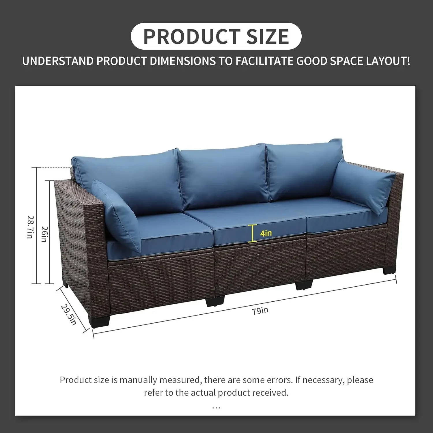 3-Seat Patio Wicker Sofa, Outdoor Rattan Couch Furniture Steel Frame with Furniture Cover and Deep Seat High Back Blue Anti-Slip - Image 3
