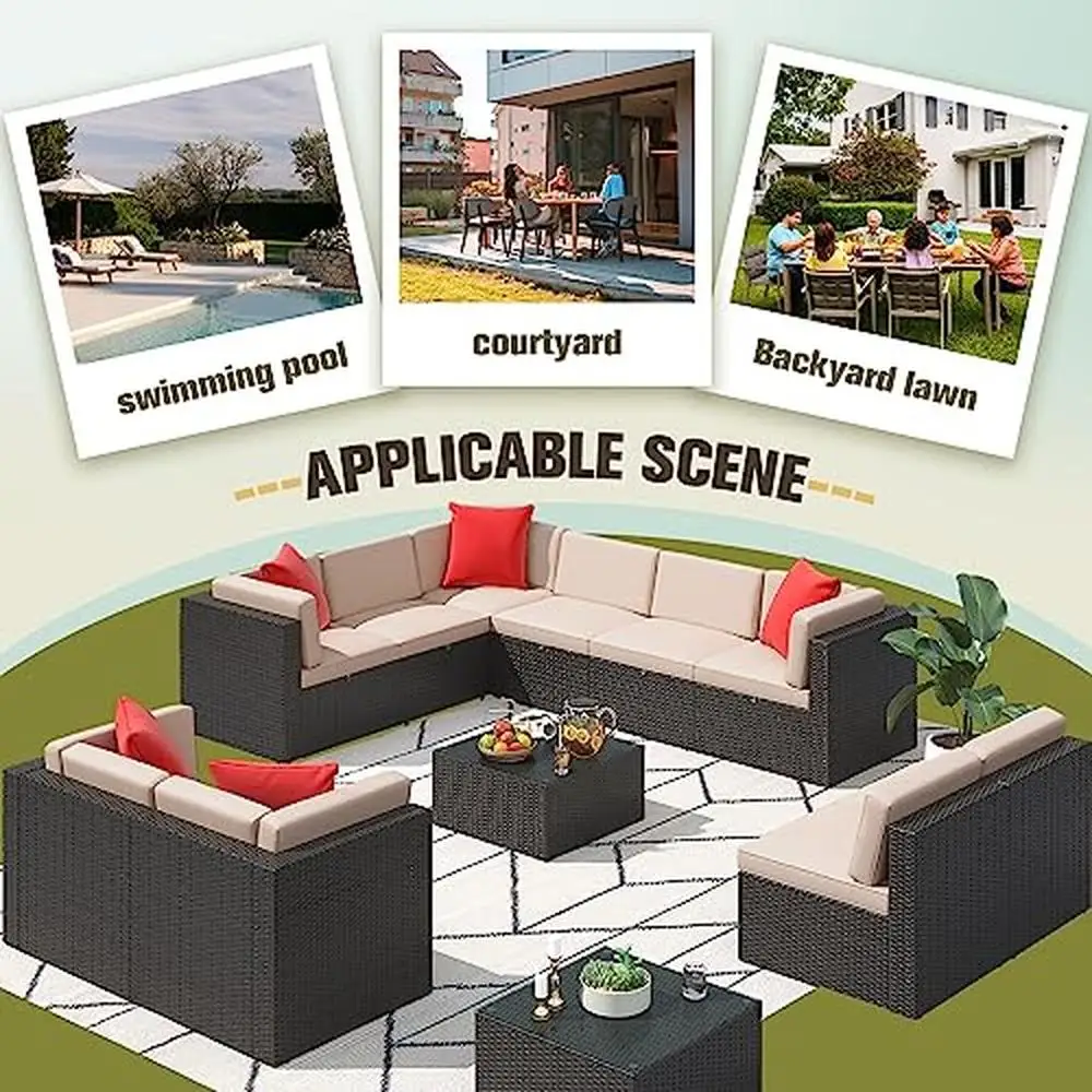 Outdoor Patio Furniture Set 12-Piece Rattan Sectional Sofa with Thick Cushions and Glass Table Beige - Image 5