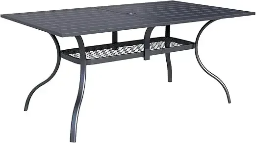 Patio Dining Table, Rectangle Metal Steel Slat Table, with Umbrella Hole, for Backyards, Porches, Garden - Image 7