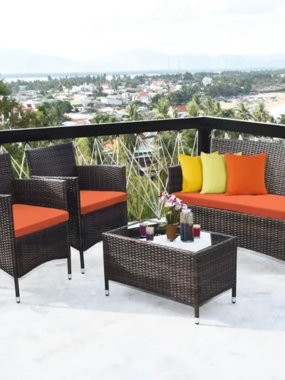 4-Piece Rattan Patio Furniture Set, Outdoor Sofa Table Set with Coffee Table, Thick Cushion, Wicker Conversation Set Orange