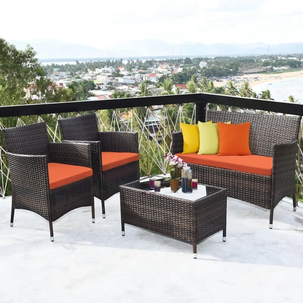 4-Piece Rattan Patio Furniture Set, Outdoor Sofa Table Set with Coffee Table, Thick Cushion, Wicker Conversation Set Orange