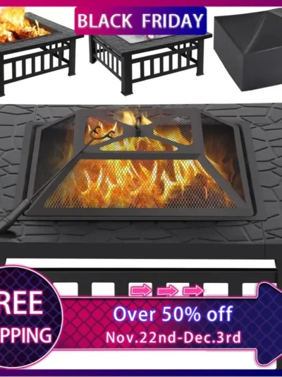 Multifunctional Fire Pit Table 32in Square Metal Firepit Stove Backyard Patio Garden Fireplace for Camping, Outdoor Heating