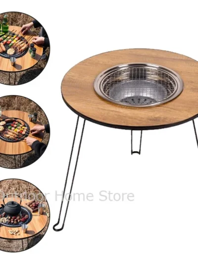 Folding Camping Table Round Outdoor Barbecue Grill Portable lightweight Brazier Stand Charcoal Table BBQ Stove Coffee Meat Table
