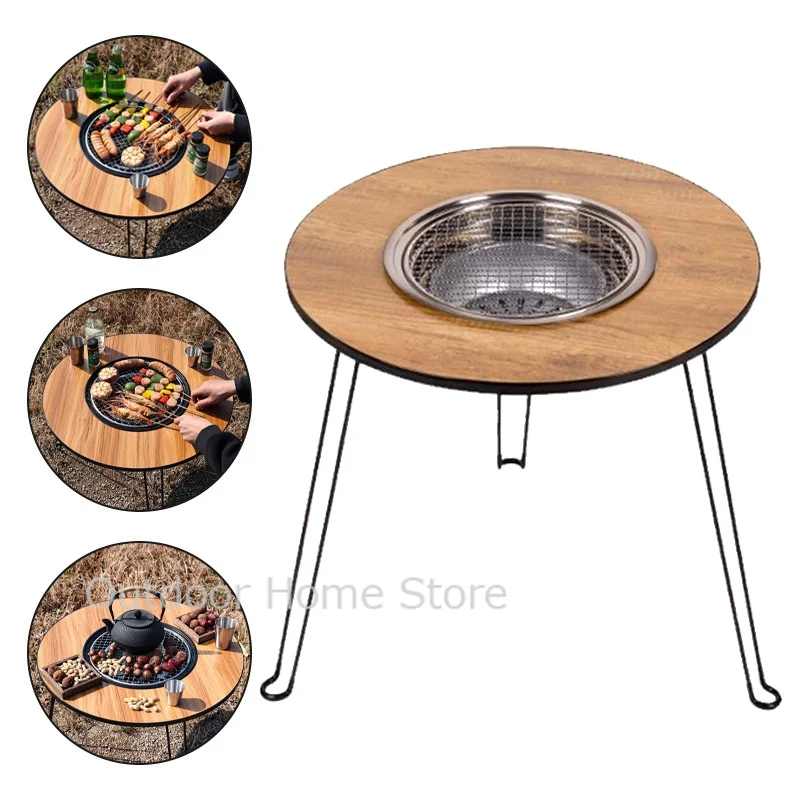 Folding Camping Table Round Outdoor Barbecue Grill Portable lightweight Brazier Stand Charcoal Table BBQ Stove Coffee Meat Table