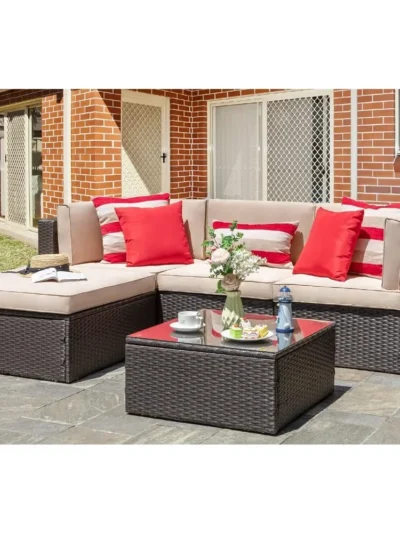 Patio Sets 5 Piece, All-Weather Brown PE Wicker Outdoor Couch Sectional Set, Small Conversation Set Garden/Patio w/Ottoman