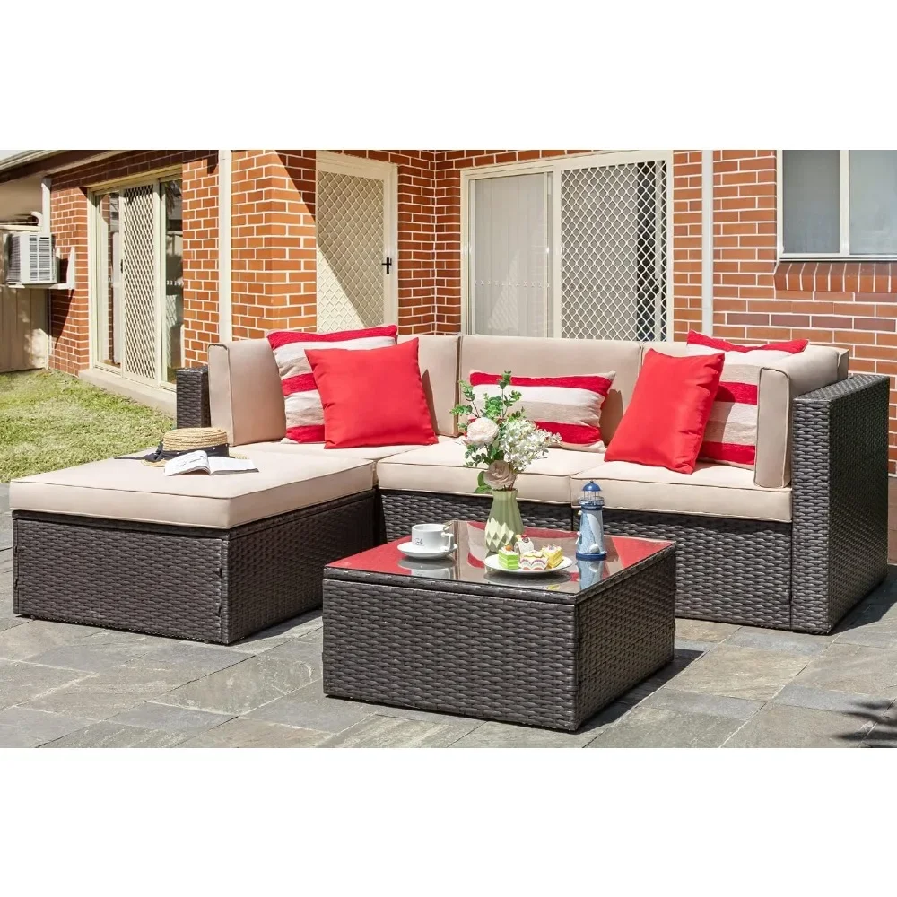 Patio Sets 5 Piece, All-Weather Brown PE Wicker Outdoor Couch Sectional Set, Small Conversation Set Garden/Patio w/Ottoman