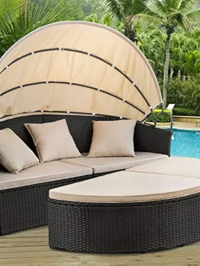 Patio Furniture Outdoor Round Daybed with Retractable Canopy Wicker Rattan Separated Seating Sectional Sofa