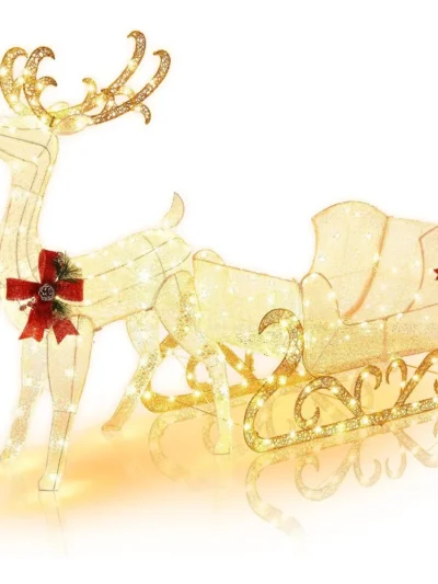 6 FT Christmas Lighted Reindeer & Santa’s Sleigh, Xmas Lighted Outdoor Yard Decoration W/ 215 LED Lights & 4 Ground Stakes