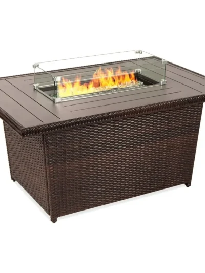 52in Propane Gas Fire Pit Table w/Aluminum Tabletop, Glass Wind Guard, Clear Glass Rocks, Cover, Slide Out Tank Holder, and Lid