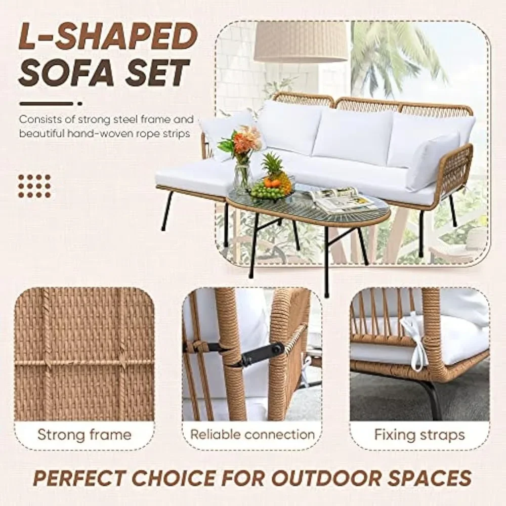 Outdoor Patio Furniture Set, Outdoor Sectional Rope Woven L-Shaped Sofa Set with Patio Table and Thick Cushions - Image 5