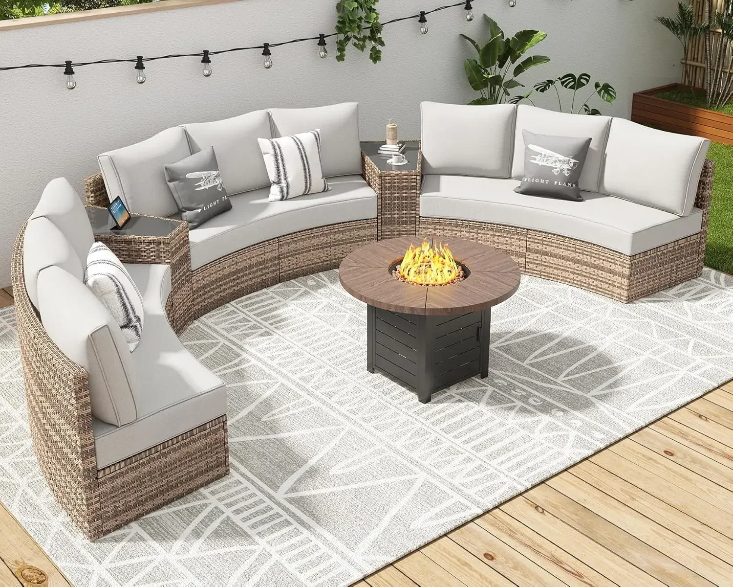 Patio Furniture Sets, Sectional Round Sofa Set, Outdoor Patio Furniture Cushions & Wedge Table for Beach, Pool, Balcony, Beige