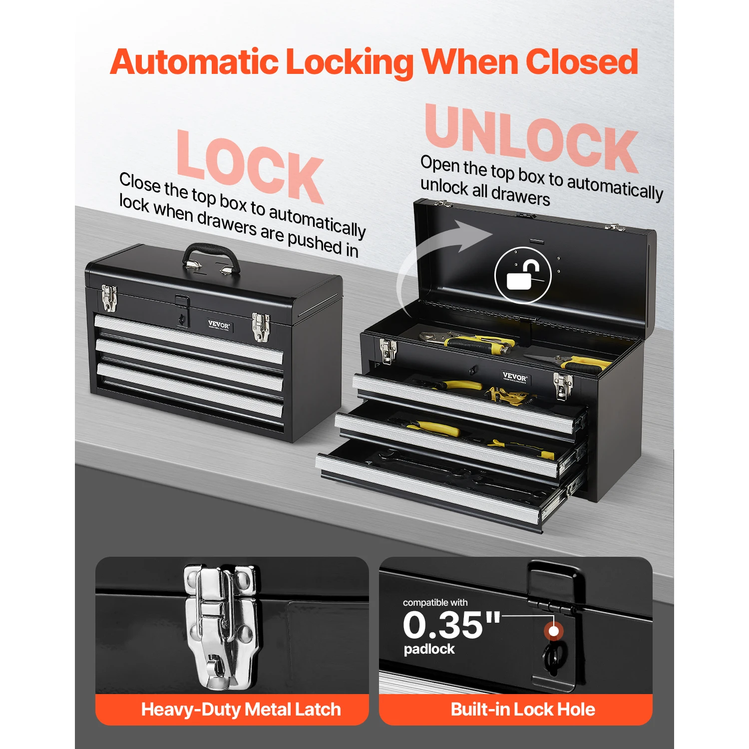 VEVOR 20in 3-Drawer Metal Tool Box Small Black/Red Tool Chest with EVA Liners - Image 3