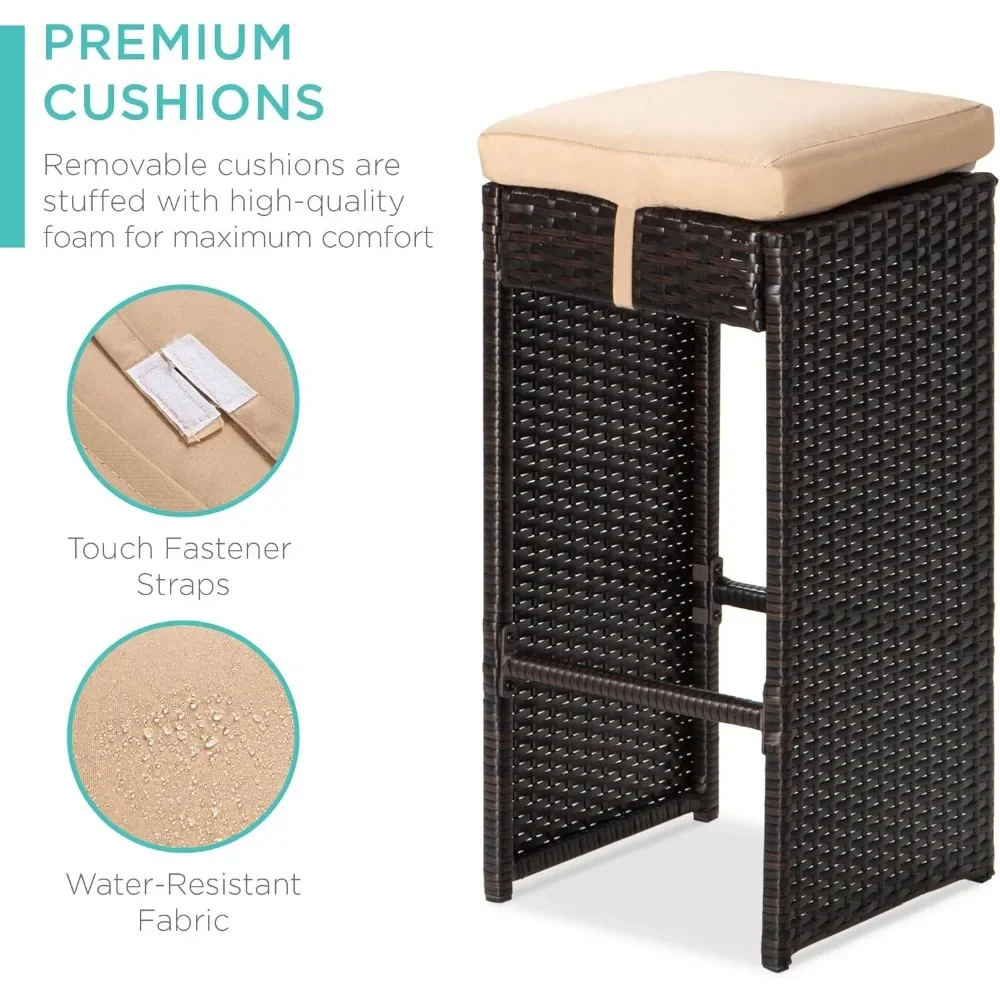 7-Piece Outdoor Wicker Bar Dining Set, Rattan Patio Furniture for Backyard, Garden w/Glass Table Top, 6 Stools, Removable - Image 4